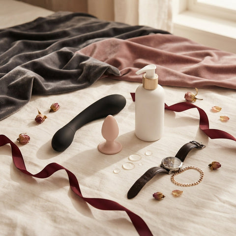 Prostaatmassager, buttplug en glijmiddel voor anaal beginners op crème linnen