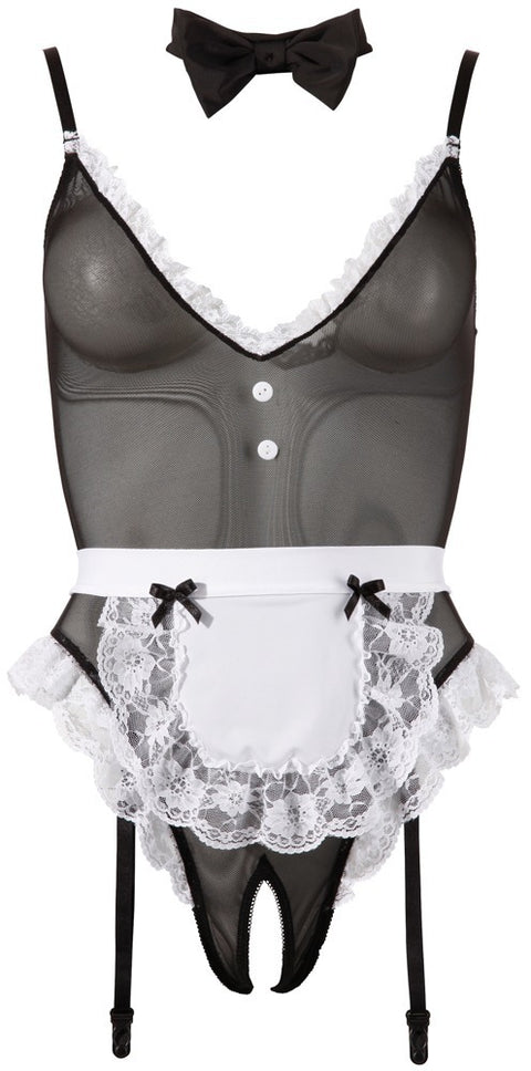 Cottelli Costumes Dienstmeisjes Body met Schort & Jarretels – Zwart/Wit
