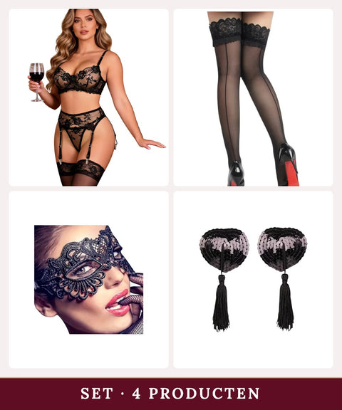 Date Night Lingerieset – complete set: Rosalie lingerieset, hold-up kousen, kanten oogmasker en tepelcovers