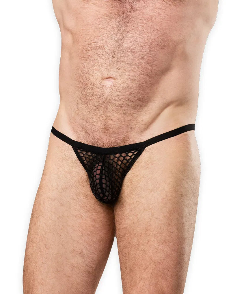 Zwarte gaas-string voor heren – voorzijde, mesh lingerie