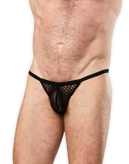 Zwarte gaas-string voor heren – voorzijde, mesh lingerie