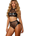 Black Mesh & Glossy Leather Two Piece Set – vooraanzicht, sexy bh met halterhals en high-waist slip