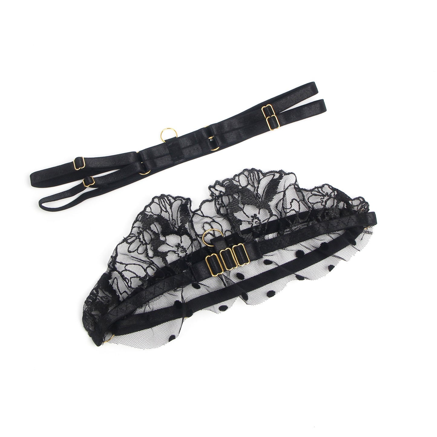 Lace Ruffle 3-Piece Lingerie Set – Jarretels & Beenbanden | Zwart