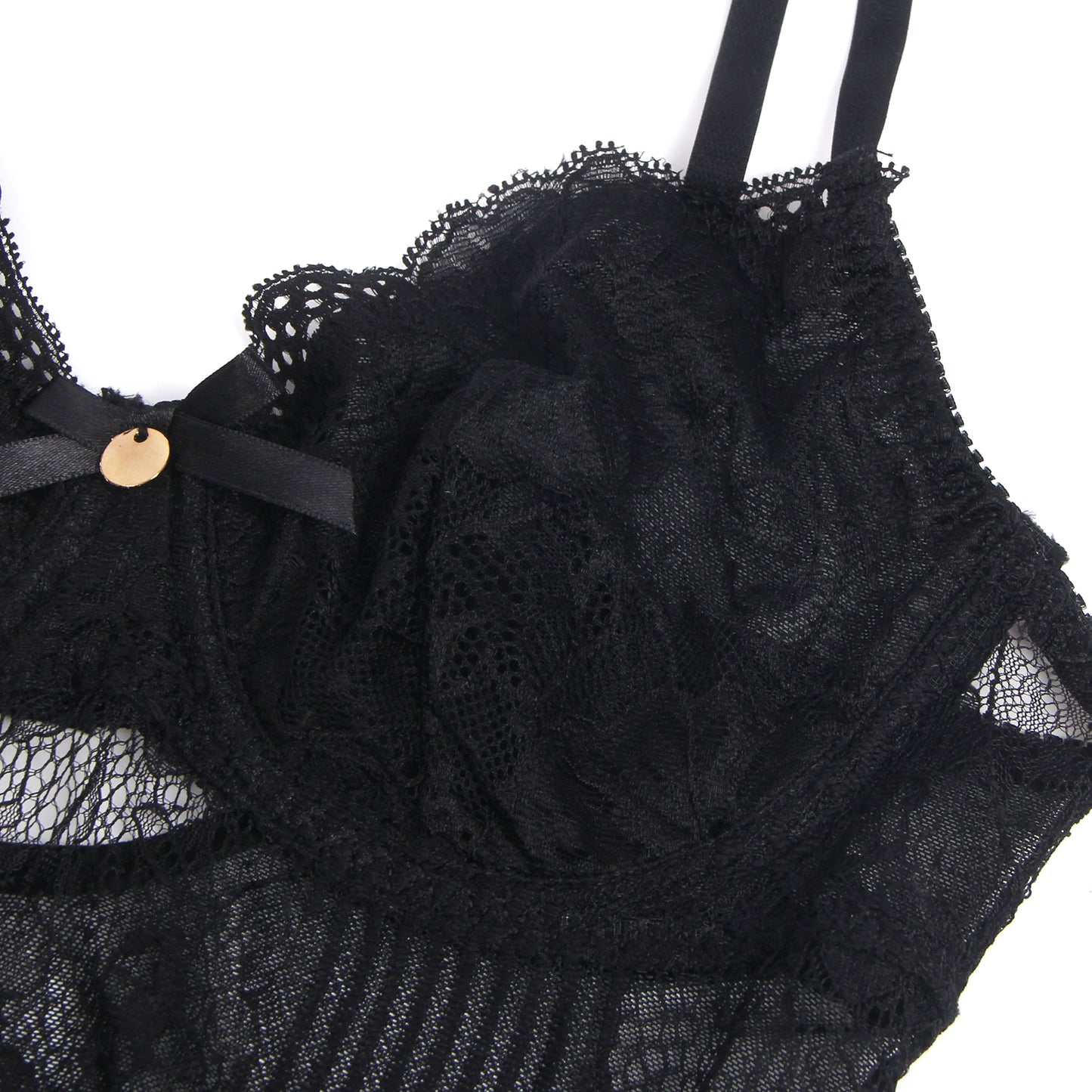 Detail van de Luxe Zwarte Lace Mesh Body – Kant en strikdetails voor een verfijnde uitstraling