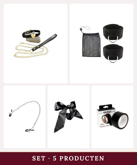 Soft BDSM Ontdekset – complete set: halsband, boeien, tepelklemmen, blinddoek en bondage tape